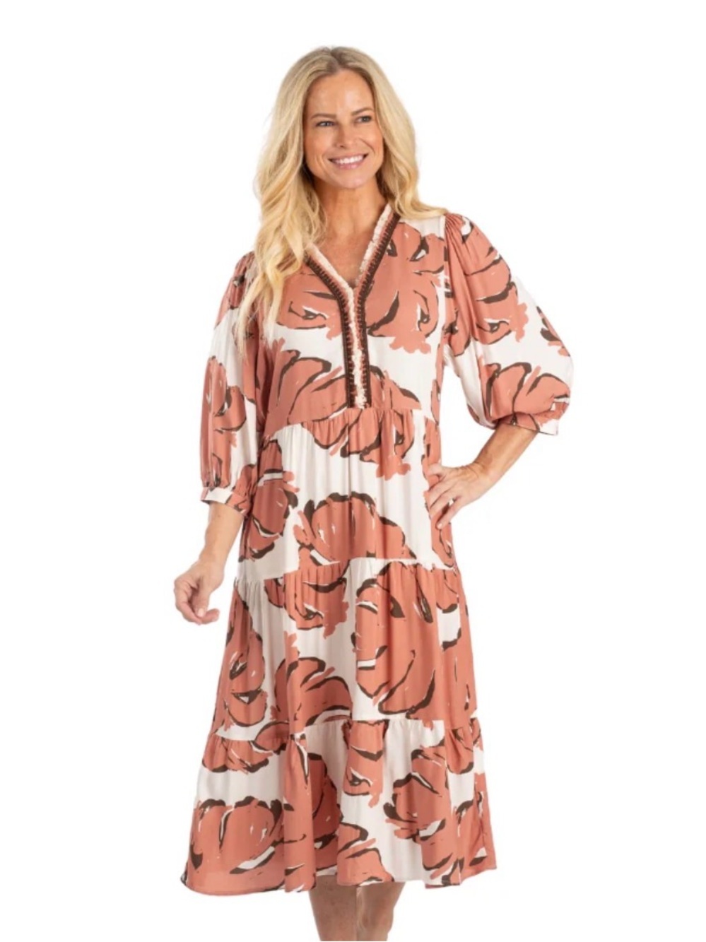 Women's Coral Floral Tiered dress